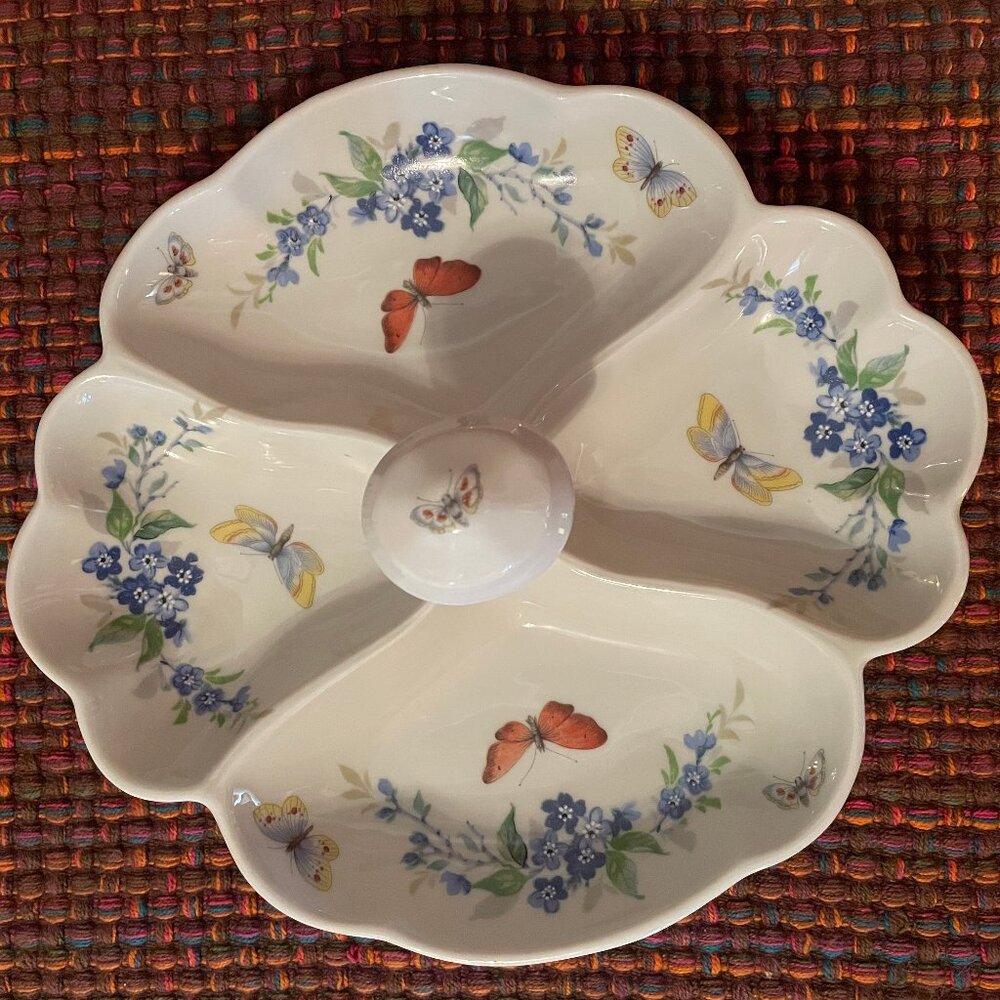 Limoges France 4 Section Candy Dish Butterflies and Bluebell Flowers